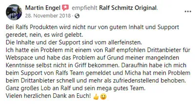 Facebook-Empfehlung von Martin Engel über Inhalte und Support von Ralf Schmitz