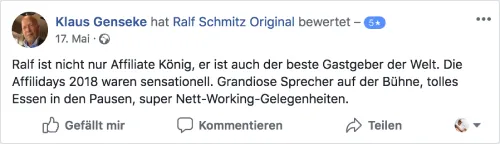 Facebook-Bewertung von Klaus Genseke: Ralf Schmitz ist Affiliate König und bester Gastgeber