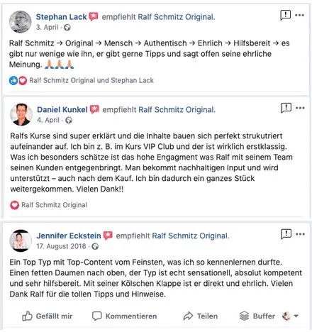 Screenshot von drei Facebook-Empfehlungen für Ralf Schmitz von Stephan Lack, Daniel Kunkel und Jennifer Eckstein