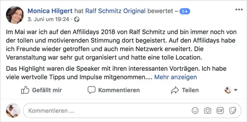 Facebook-Bewertung von Monica Hilgert über die motivierende Stimmung bei den Affilidays 2018 von Ralf Schmitz