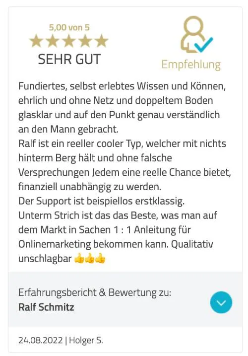 Fünf-Sterne-Bewertung von Holger S. über das fundierte Wissen von Ralf Schmitz