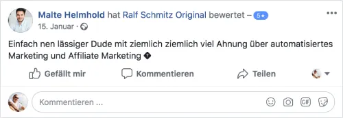 Facebook-Bewertung von Malte Helmhold: Ralf Schmitz hat ziemlich viel Ahnung über automatisiertes Marketing