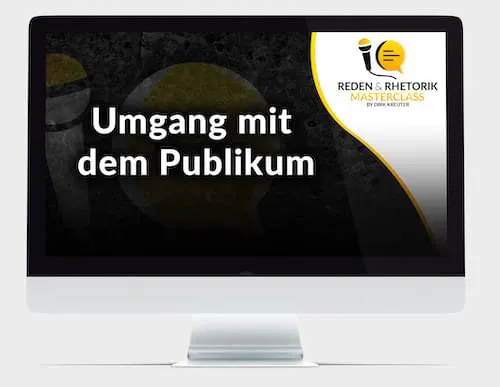 Monitor mit dem Modultitel Umgang mit dem Publikum der Reden & Rhetorik Masterclass