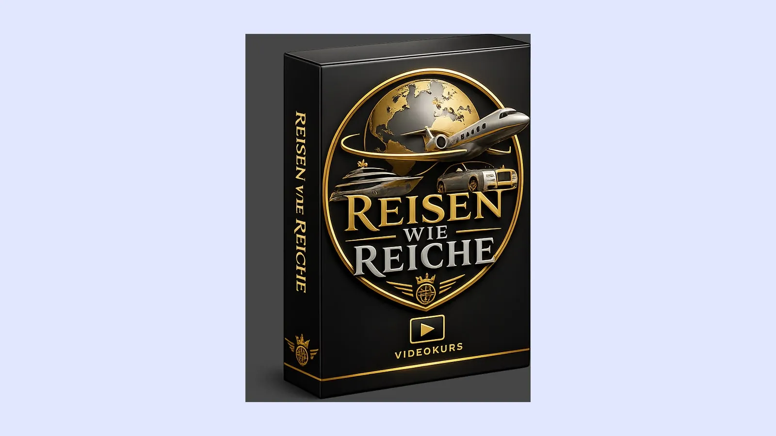 Kursbox des Videokurses Reisen wie Reiche von Flo Pharell mit goldenem Emblem aus Globus, Privatjet, Yacht und Limousine
