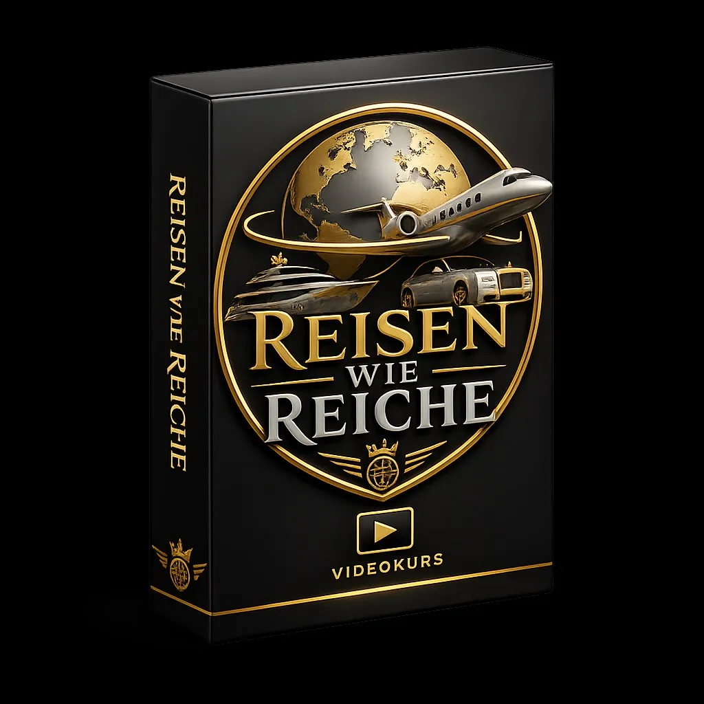 Schwarze Kursbox mit goldenem Emblem und dem Schriftzug Reisen wie Reiche Videokurs