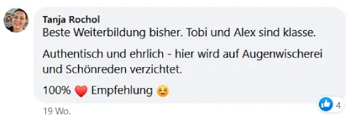 Facebook-Kommentar von Tanja Rochol: beste Weiterbildung bisher, authentisch und ehrlich