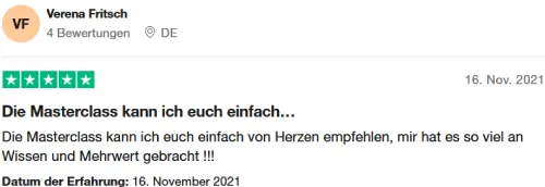 Trustpilot-Bewertung von Verena Fritsch mit fünf Sternen: Die Masterclass kann ich euch einfach von Herzen empfehlen