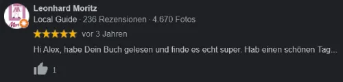 Google-Rezension von Leonhard Moritz mit fünf Sternen: Buch gelesen und echt super gefunden
