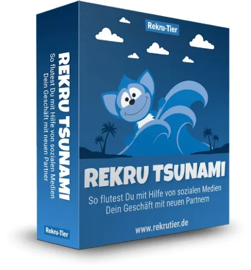Blaue Kursbox des REKRU Tsunami von Rekru-Tier mit Maskottchen auf einer Welle