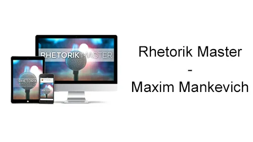 Rhetorik Master Kurs auf Monitor, Tablet und Smartphone neben dem Schriftzug Rhetorik Master – Maxim Mankevich