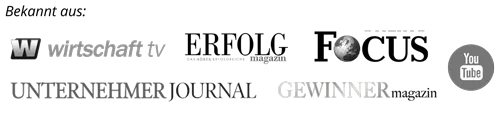 Logos der Medien, aus denen Sascha Jurek bekannt ist: wirtschaft tv, Erfolg Magazin, Focus, YouTube, Unternehmer Journal und Gewinner Magazin