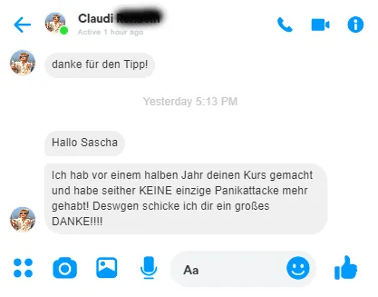 Messenger-Nachricht von Claudia an Sascha Jurek: seit dem Kurs vor einem halben Jahr keine einzige Panikattacke mehr