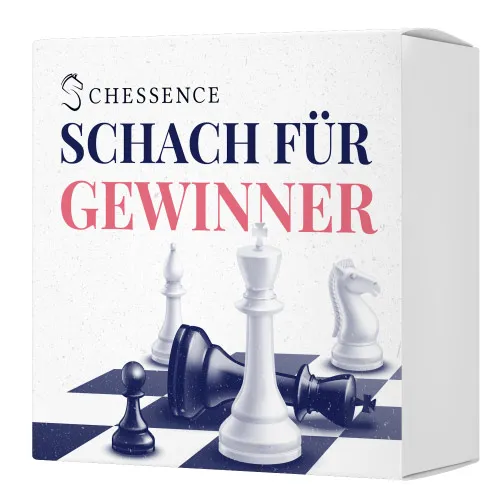 Weiße Kursbox von Chessence mit dem Titel Schach für Gewinner und Schachfiguren auf dem Brett