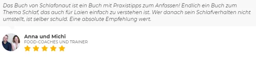 Kundenstimme der Food-Coaches Anna und Michi mit fünf Sternen zum Schlafonaut-Buch