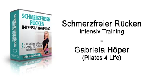 Kursbox Schmerzfreier Rücken Intensiv-Training neben dem Schriftzug Gabriela Höper (Pilates 4 Life)