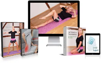 Kursboxen, Monitor und Tablet mit Inhalten des Schmerzfreier Rücken Intensiv-Trainings inklusive E-Mail-Support