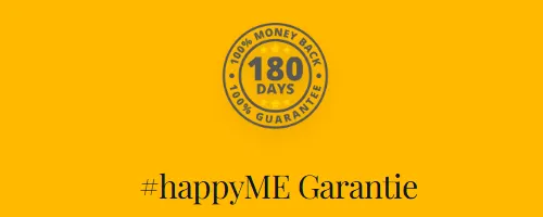 Siegel 180 Days, 100 Prozent Money Back Guarantee, über der Überschrift happyME Garantie auf der Produktseite