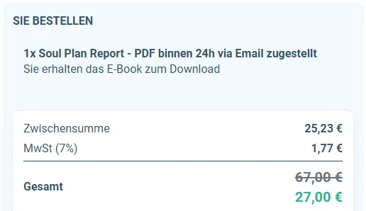 Bestellübersicht des Soul Plan Report mit Zwischensumme 25,23 Euro, 1,77 Euro Mehrwertsteuer und Gesamtpreis 27 Euro statt 67 Euro