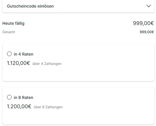 Bestellformular von Self-Mastery mit Gutscheinfeld, 999 Euro Gesamtbetrag und den Ratenplänen über 1.120 und 1.200 Euro