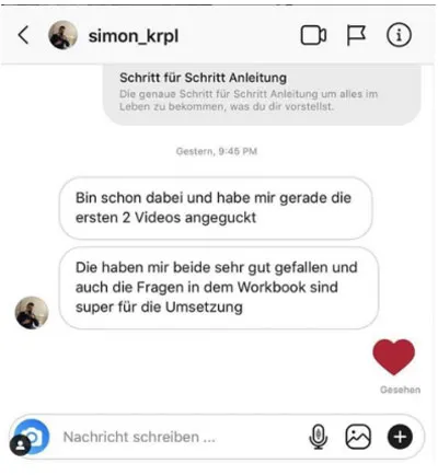 Screenshot einer Instagram-Nachricht: die ersten zwei Selfmade Videos und die Workbook-Fragen haben gut gefallen