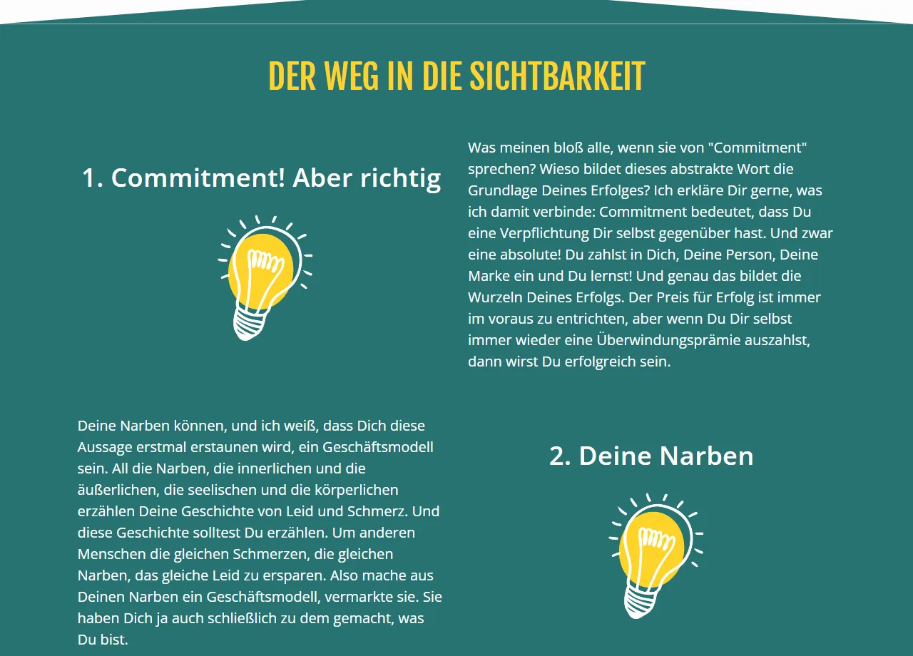 Ausschnitt der Buchseite zu Sichtbar mit den Schritten Commitment und Deine Narben unter der Überschrift Der Weg in die Sichtbarkeit