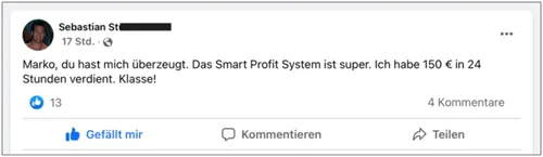 Facebook-Beitrag von Sebastian: mit dem Smart Profit System 150 € in 24 Stunden verdient