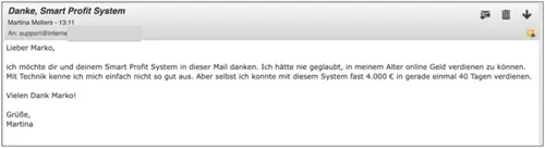 E-Mail von Martina an Marko: mit dem Smart Profit System fast 4.000 € in 40 Tagen verdient