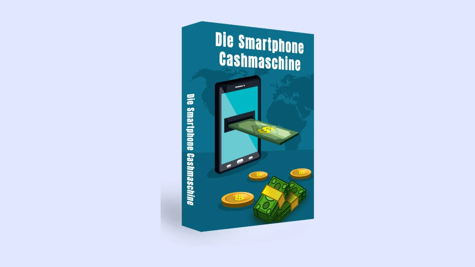 Blaue Kursbox der Smartphone Cashmaschine mit einem Smartphone, aus dem ein Geldschein kommt, daneben Münzen und Geldbündel
