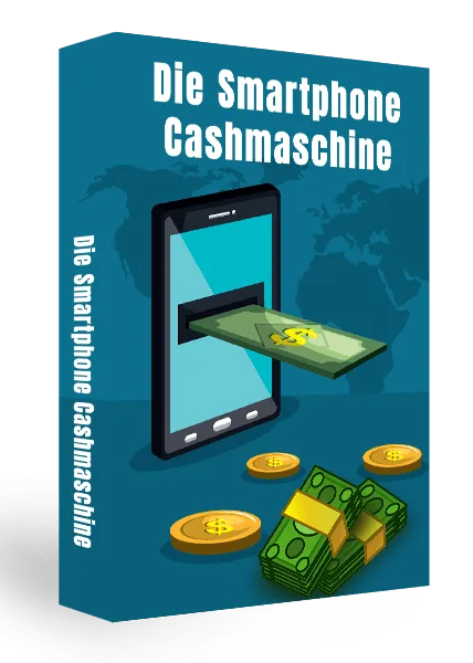 Blaue Kursbox mit dem Schriftzug Die Smartphone Cashmaschine, darauf ein Smartphone, aus dem ein Geldschein kommt, davor Münzen und Geldbündel