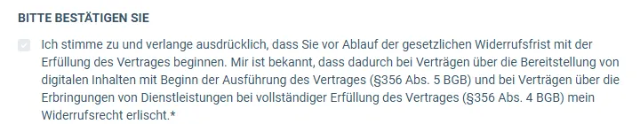 Ausschnitt aus dem Bestellformular der Smartphone Cashmaschine mit dem Text zur Zustimmung vor Ablauf der Widerrufsfrist