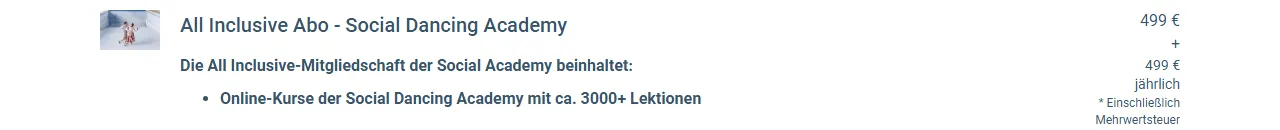 Bestellformular der Social Dancing Academy mit All Inclusive Abo für 499 Euro jährlich inklusive Mehrwertsteuer