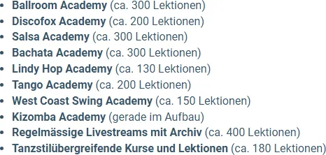 Liste der Tanzstil-Bereiche der Social Dancing Academy mit Lektionszahlen im Bestellformular