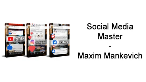 Kursboxen von YouTube-, Instagram- und Facebook-Master neben dem Schriftzug Social Media Master – Maxim Mankevich