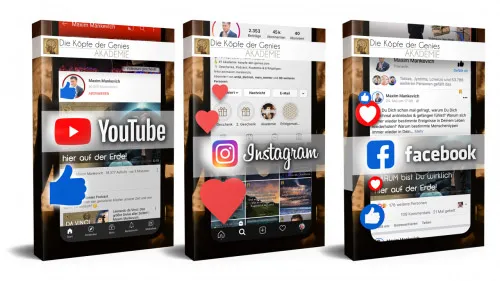 Kursboxen und Smartphones des Social Media Master mit YouTube-, Instagram- und Facebook-Master von Maxim Mankevich