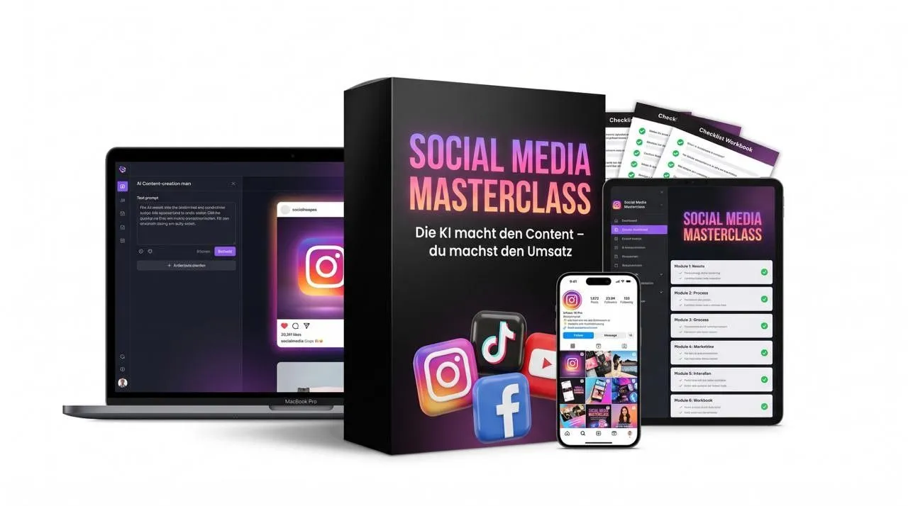 Kurspaket der Social Media Masterclass mit Laptop, Tablet, Smartphone und Workbooks