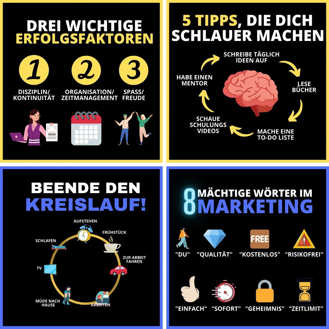 Vier Beispielposts aus dem Social Media Mega Bundle mit Tipps zu Erfolgsfaktoren, Lernen, Tagesablauf und Marketing-Wörtern