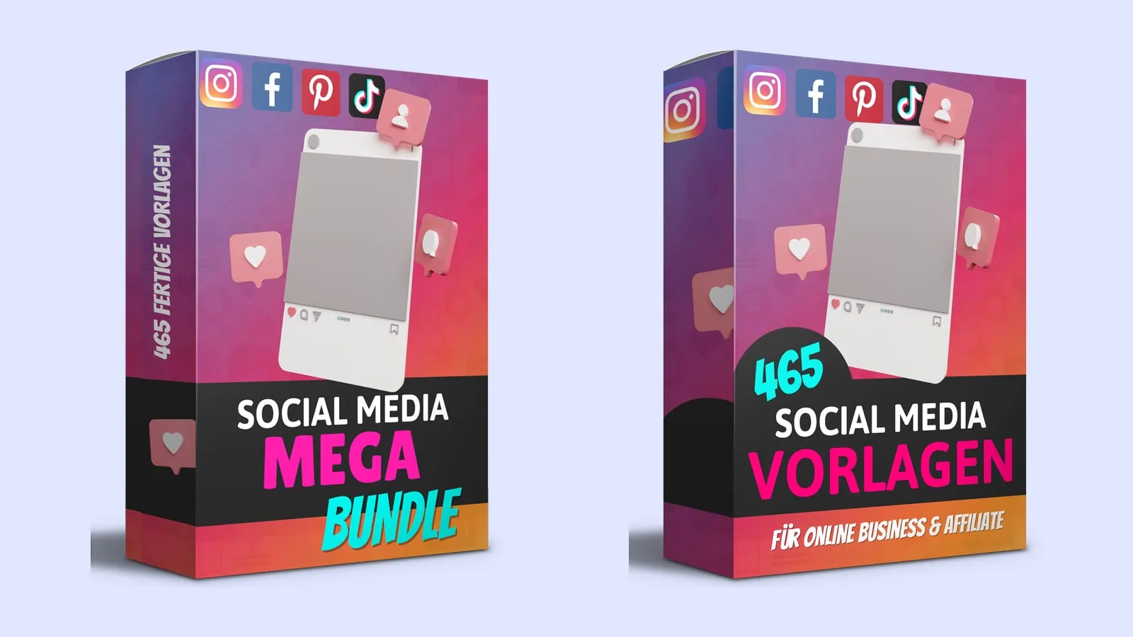 Zwei Produktboxen mit den Aufschriften Social Media Mega Bundle und 465 Social Media Vorlagen vor hellem Hintergrund