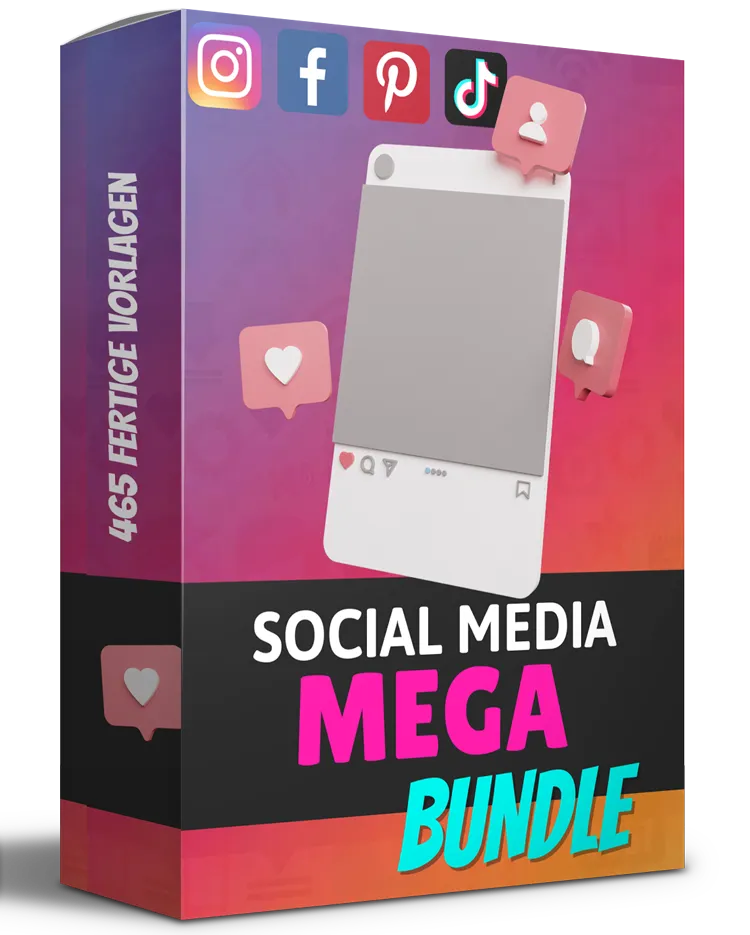 Produktbox des Social Media Mega Bundle mit den Logos von Instagram, Facebook, Pinterest und TikTok