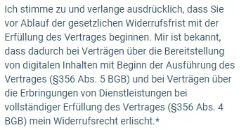 Text des Pflicht-Häkchens zum Widerrufsrecht im Bestellformular des Social Media Mega Bundle