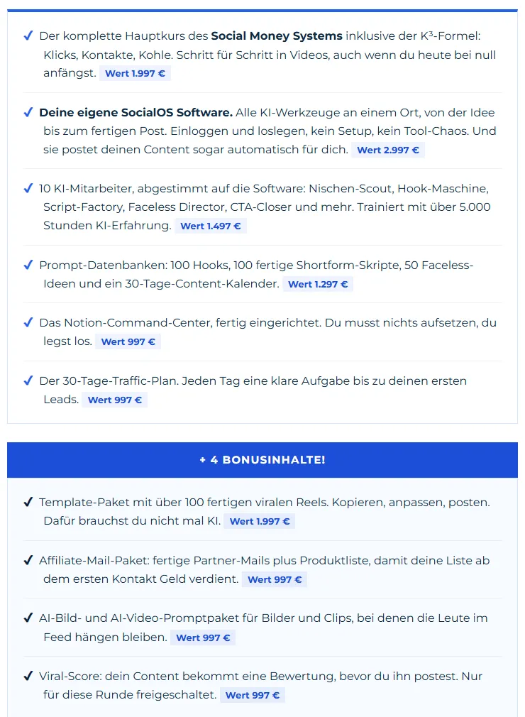 Leistungsliste des Social Money System im Bestellformular mit Hauptkurs, SocialOS, KI-Mitarbeitern und vier Bonusinhalten