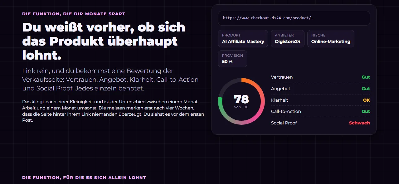 Beispielbewertung einer Produktseite in SocialOS mit 78 von 100 Punkten und Noten für Vertrauen, Angebot, Klarheit, Call-to-Action und Social Proof