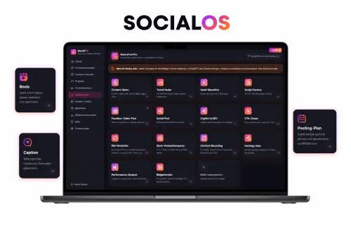 Laptop mit der Oberfläche von SocialOS, daneben Kacheln für Reels, Caption und Posting-Plan