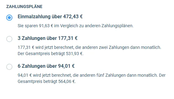 Zahlungspläne des Social Money System im Bestellformular mit Einmalzahlung über 472,43 Euro und Ratenzahlungen