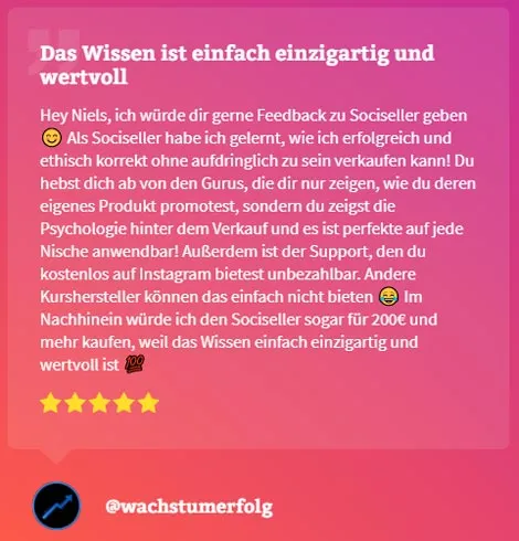 Sociseller Kundenstimme „Das Wissen ist einfach einzigartig und wertvoll“ von @wachstumerfolg mit fünf Sternen