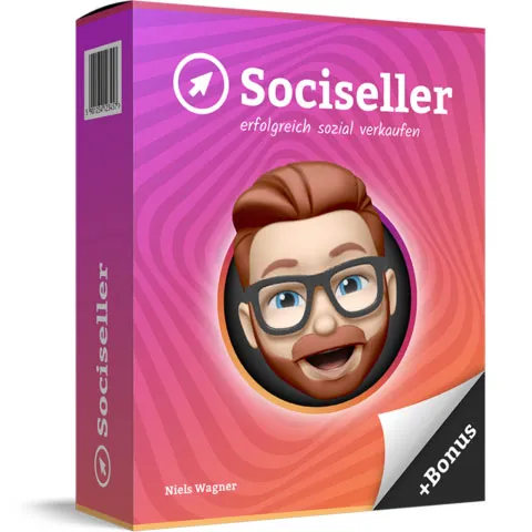 Pinke Kursbox des Sociseller Kurses von Niels Wagner mit Memoji und Bonus-Aufkleber