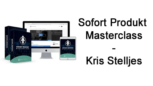 Kursbox und Mitgliederbereich der Sofort Produkt Masterclass neben dem Schriftzug Sofort Produkt Masterclass – Kris Stelljes