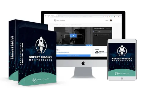 Kursbox der Sofort Produkt Masterclass von Kris Stelljes mit Mitgliederbereich auf Monitor und Tablet