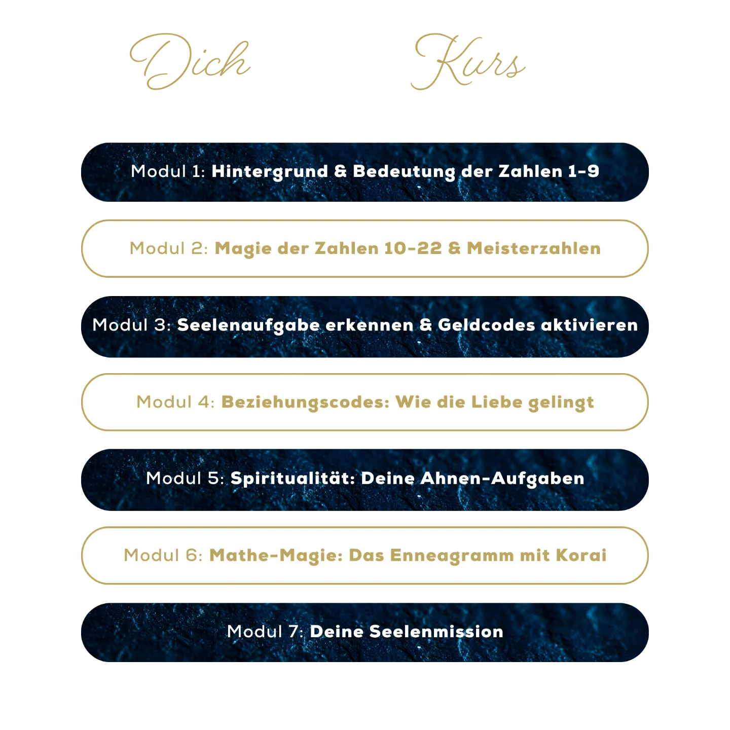 Modulübersicht von Soul Codes mit sieben Modulen von den Zahlen 1 bis 9 bis zur Seelenmission