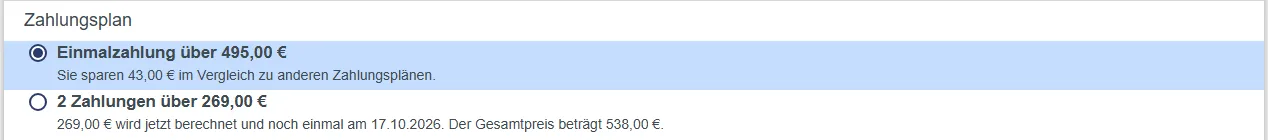 Zahlungsplan im Bestellformular von Soul Codes mit Einmalzahlung 495 Euro und zwei Raten zu 269 Euro
