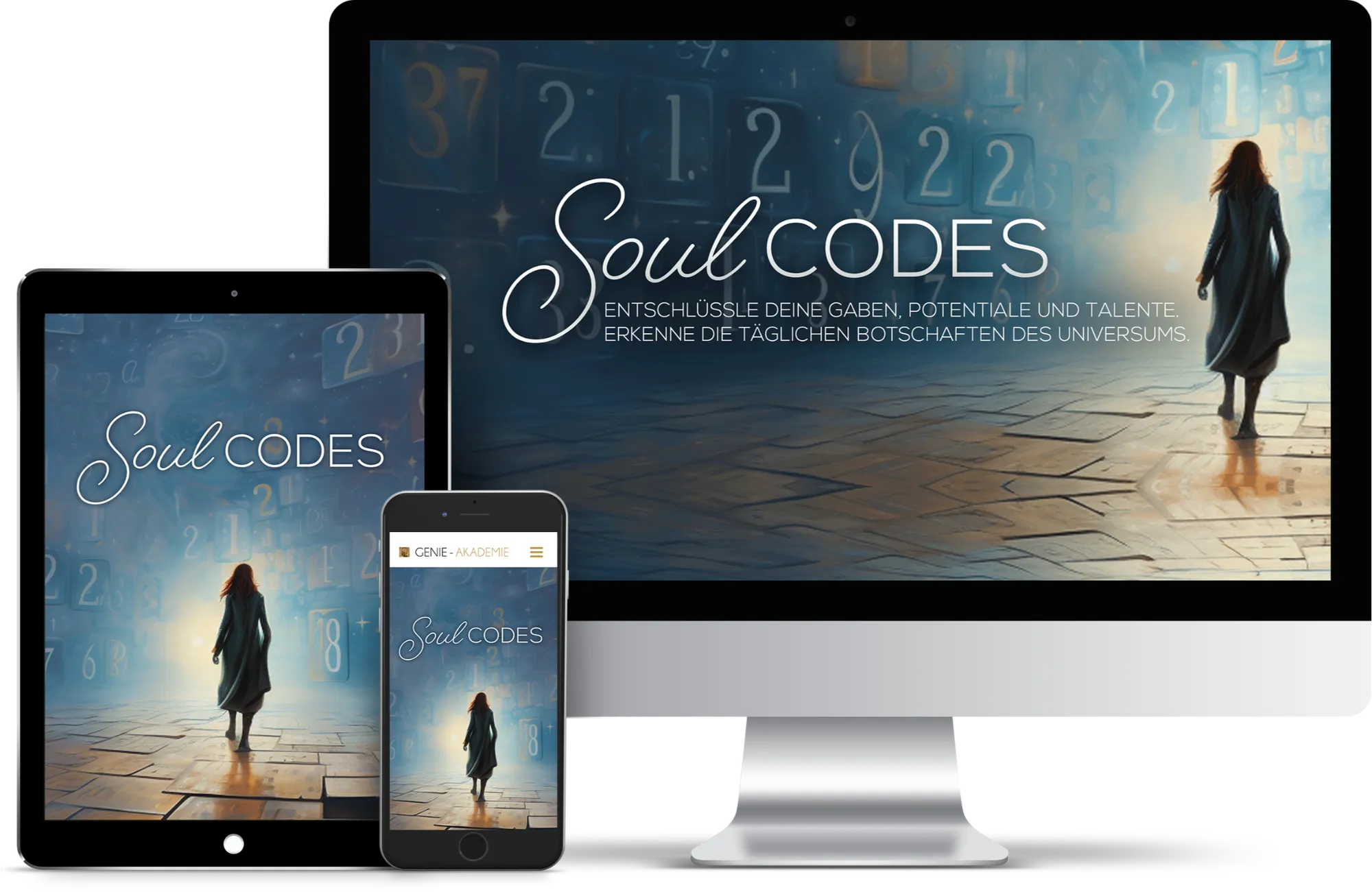 Soul Codes auf Monitor, Tablet und Smartphone, Mockup der Kursseite von Maxim Mankevich mit einer Frau vor einer Zahlenwand